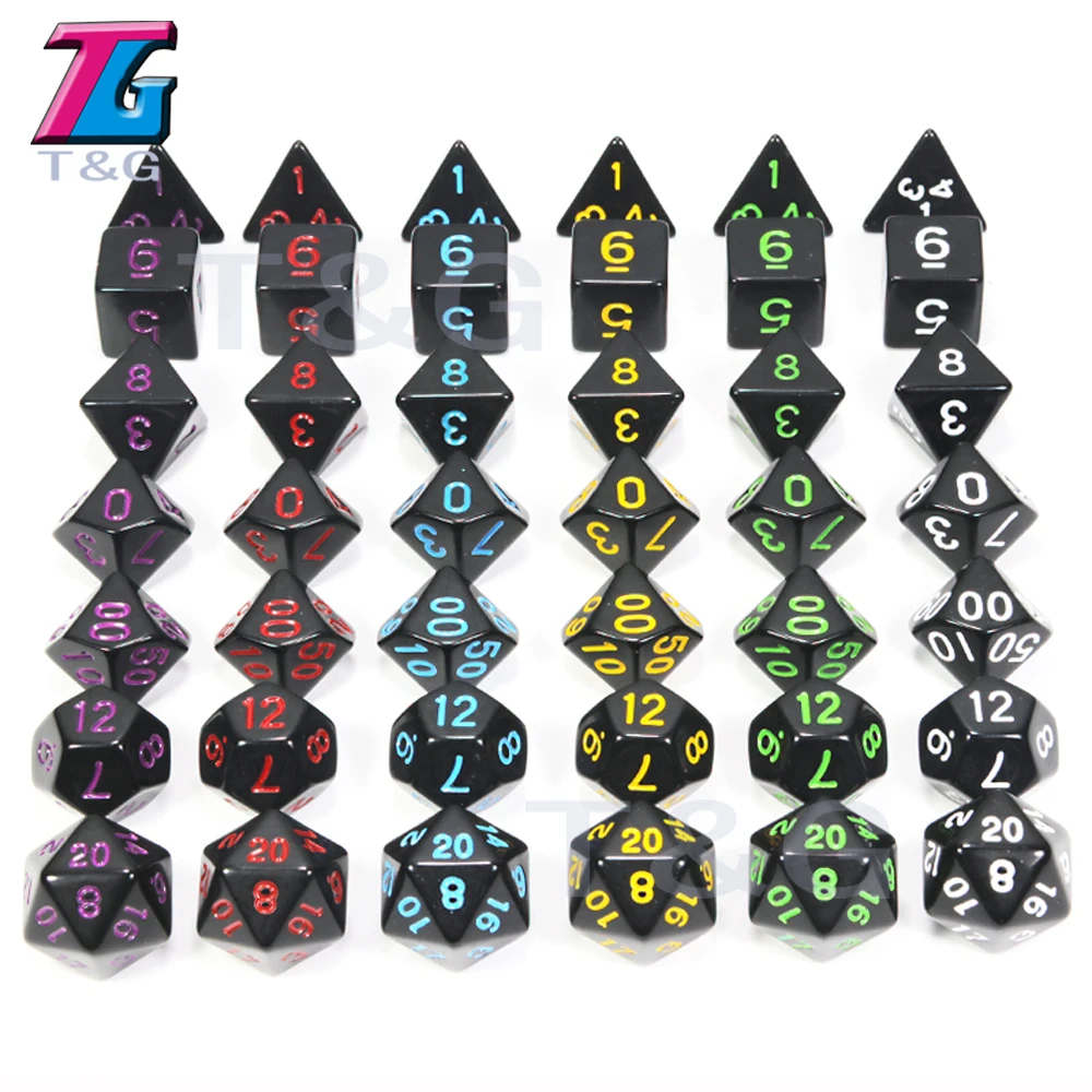 Atacado 7 pc/lote conjunto de dados polyhedral d4, d6, d8, d10, d10 %, d12, d20 acessórios coloridos para o jogo de tabuleiro, dndgame, rpg 25 cores