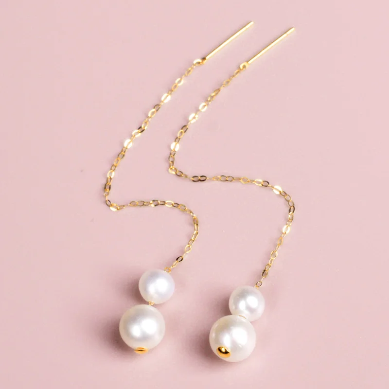 

XF800 Pure18K Gold Earrings Long Natural Freshwater pearl white 4.5-5/6-6.5MM AU750 Brand Jewelry Women's Gift Party