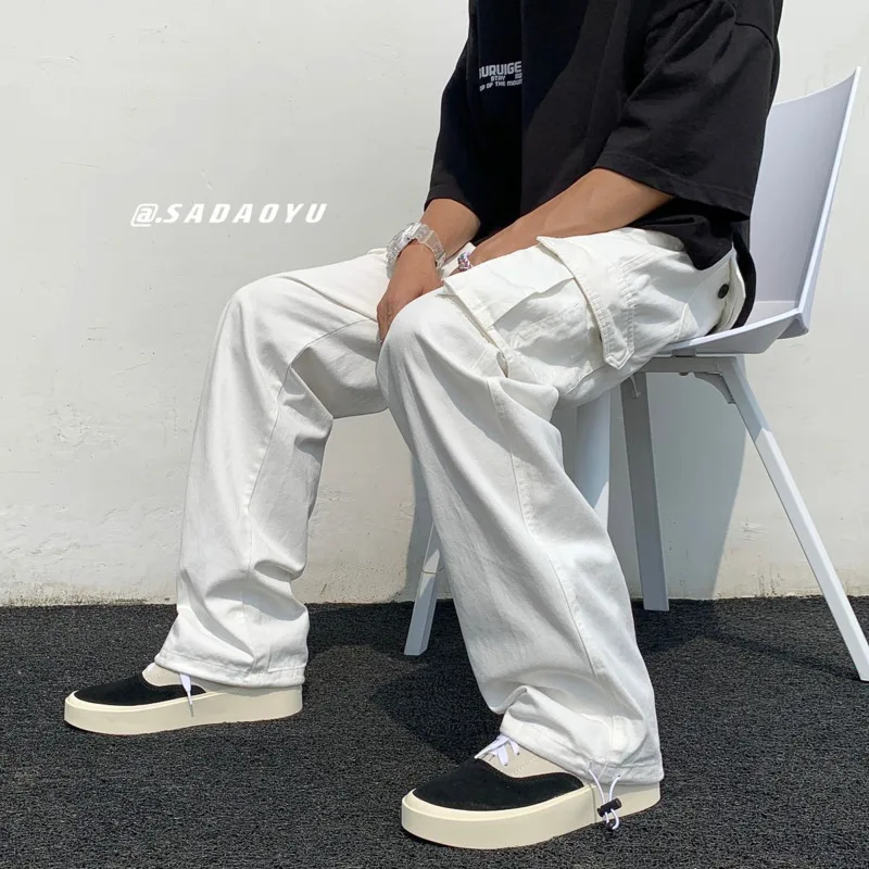 Black Cargo Pants Men Fashion Loose Straight Wide Leg Pants Men Streetwear Hip-hop Pocket Casual Pants Mens White Trousers