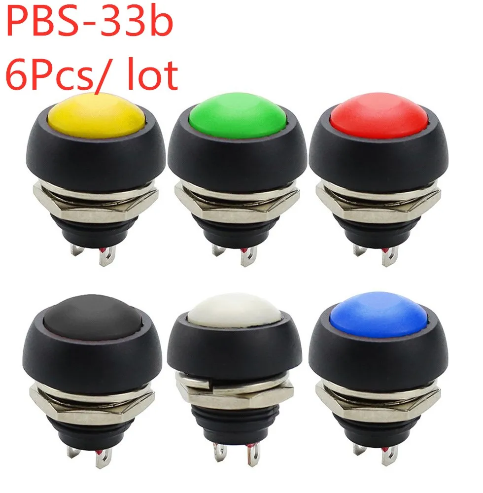 6Pcs 2Pin Mini Switch 12mm 1A waterproof switch pbs33b 12v momentary Push button Switch reset Non-locking pbs-33b