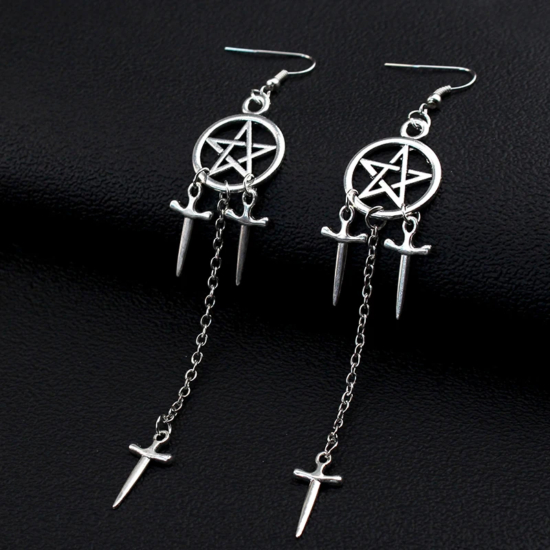 Pentagram Swords Earrings Silver Plated Huggie Hoops Dangle Witchy Jewelry Pagan Wiccan Tarot Gothic Emo Women Gift