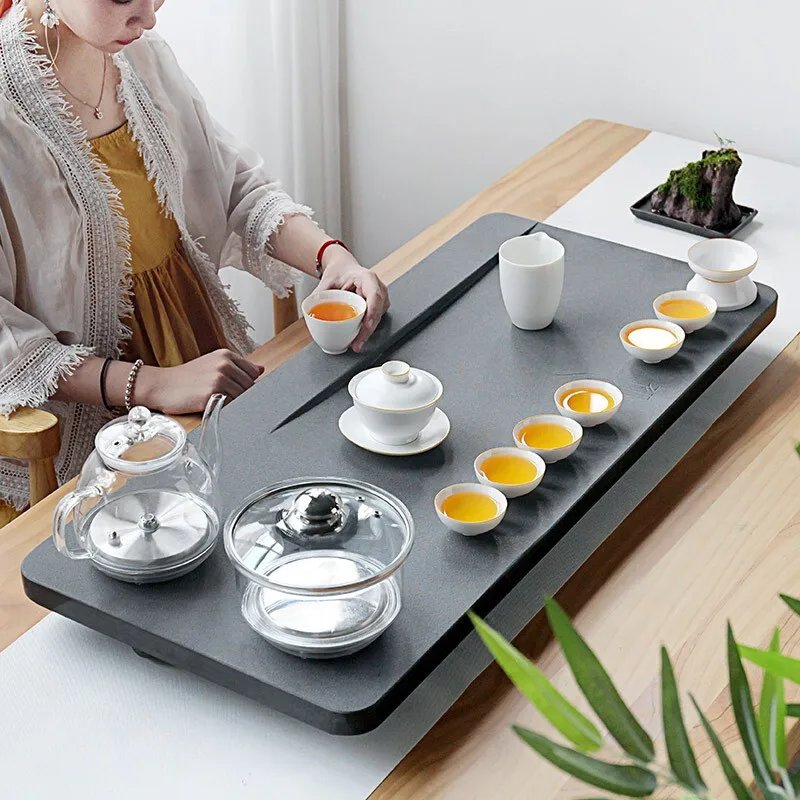 

black stone tea tray induction cooker glass electrical kettle sterilizing pan automatic tea table for kungfu tea set heavy China