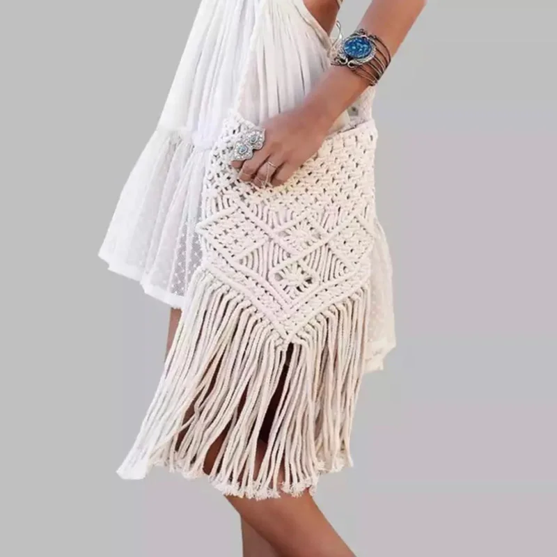 

New Handmade Rope Woven Handbag Knitted Rattan Summer Beach Bag Tassel Bohe Bolsos Feminine Crochet Fringed Women Shoulder Bags