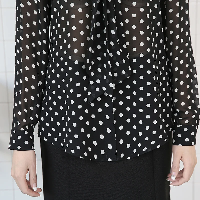 Fashion Polka Dot Gedrukt Chiffon Vrouwen Shirt 2022 Lente Office Dames Elegante Boog Truien Commuter V-hals Losse Blouse Vrouw