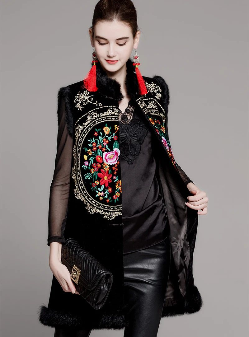 Autumn winter tops women vest vintage Elegant Floral embroidery loose lady outwear Rabbit hair sleeveless overcoat female S-XXL
