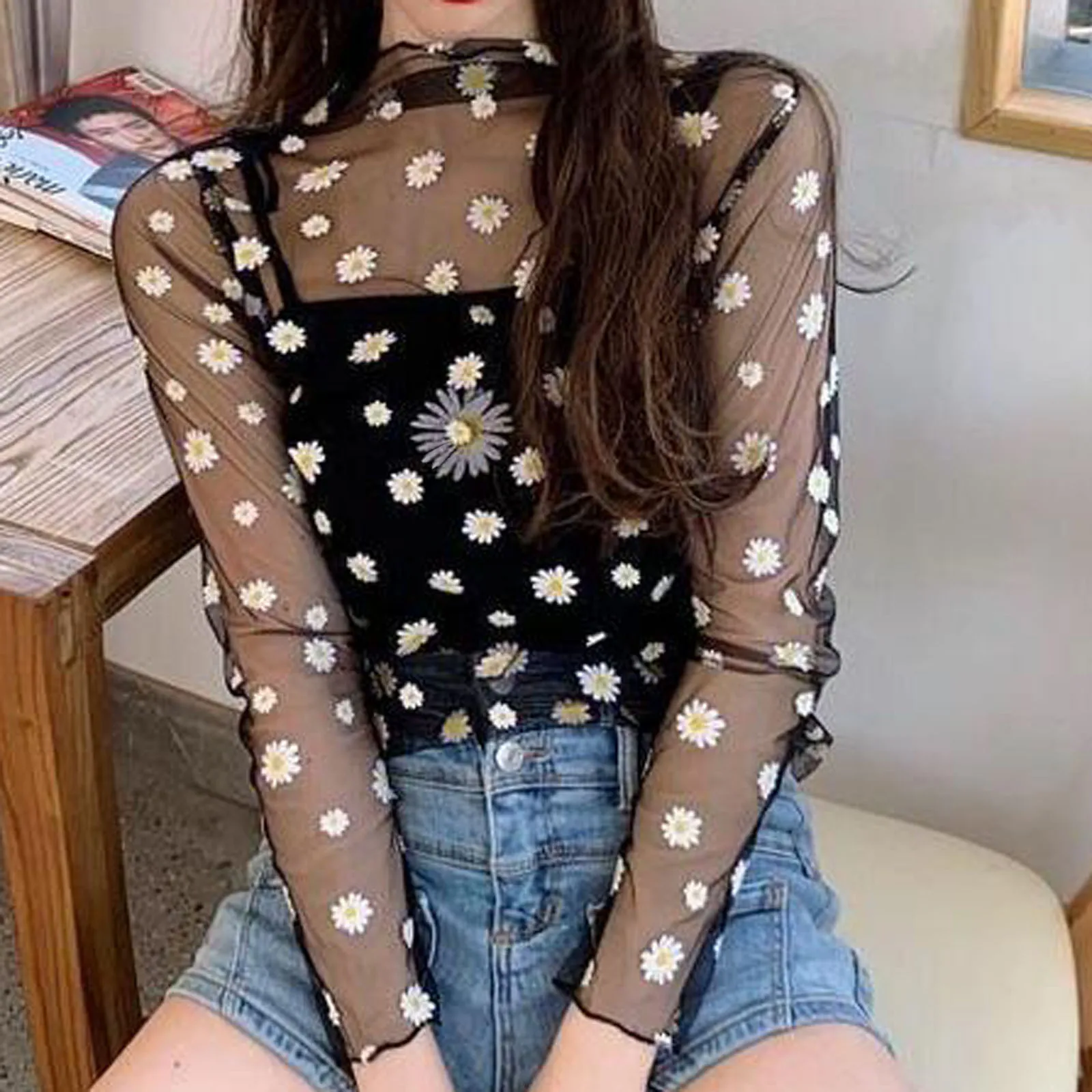 Sexy Mesh Transparent Tops Women Unlined Upper Garment Korean Daisy Print Long Sleeve Net Sheer Tops Tee Shirt Blusa Mujer