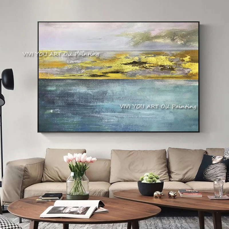 Modern Abstract 100% Handmade Oil Painting Home Decor  Large Gold Foil blue Canvas Art Paint For Living Room Unframed