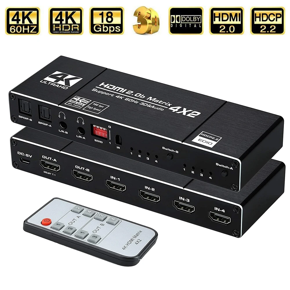 2023 4x2 Matrix Switch Splitter with SPDIF and L/R 3.5mm HDR HDMI-compatible Switch 4x2 Support HDCP 2.2 ARC 3D 4K@60Hz for PS5