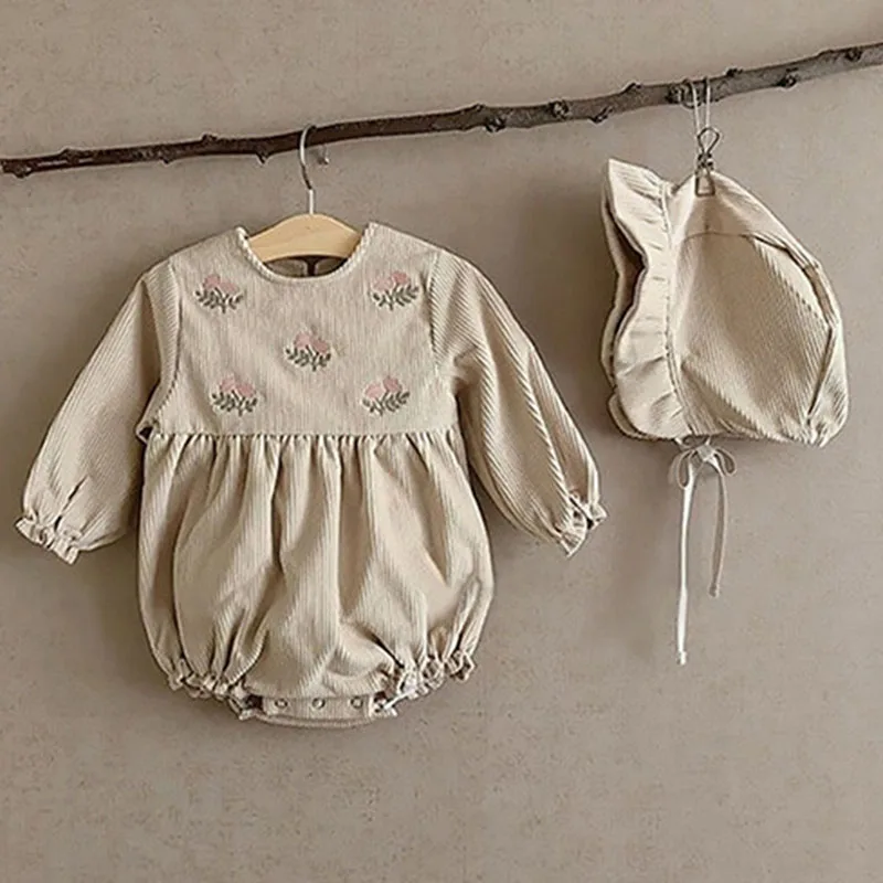 Infant Baby Girls Jumpsuit Vintage Embroidered Corduroy Korean Style Spring Autumn Baby Clothes Toddler Baby Girl Romper+Hat