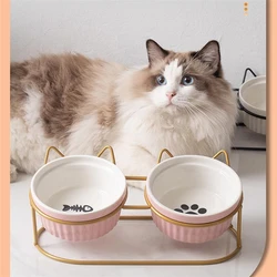 Cute Cats Dogs Feeders Bowls Double Ceramic Elevated Cat Bowls Pet Drinking Bowls Water Food Dishes Prevent Cervical Spondylosis