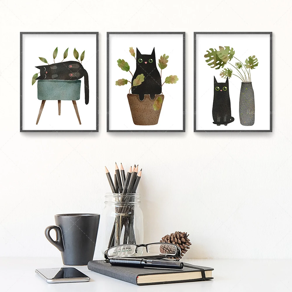 

funny cat prints, cat lover gifts, watercolor animals, black cat houseplants, botanical posters, home decor gifts