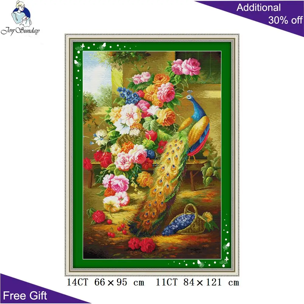 Joy Sunday Peacock and Peony Cross Stitch Kits for Home Decor, Bring Wealth, counted And Stamped Canvas Cross Stitch, D085(2)