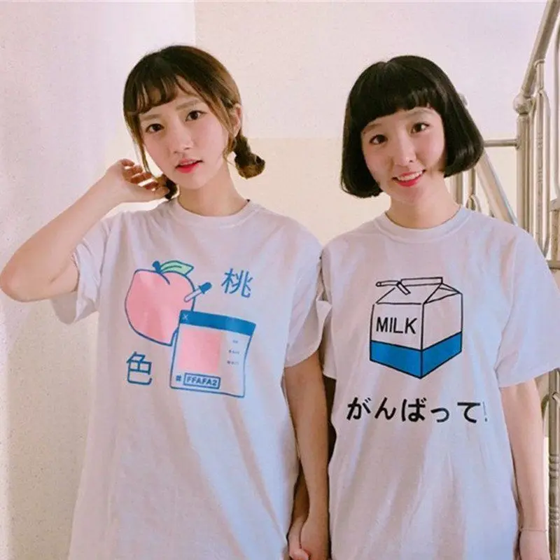 Kawaii Ulzzang Harajuku Aesthetic T-shirt Milk Cartoon Sweet Girls Peach Print Tops Tees Korean Fashion Casual Women Clothing