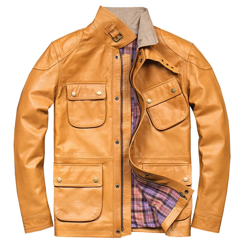 DHL free shipping,men\'s Ami khaki retro yellow cowhide leather jacket American casual fashion leather pockets coat