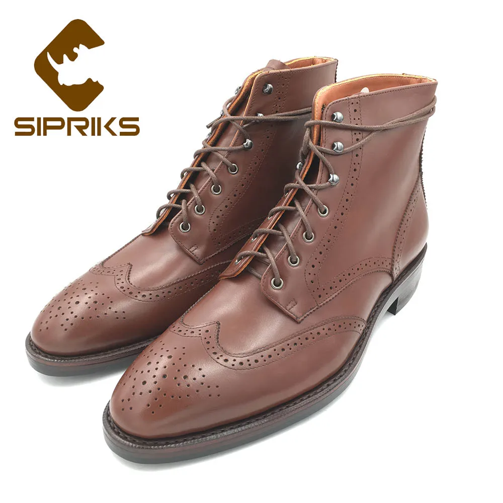 Sipriks Mens Cowboy Boots Full Brogues Shoes Brown Calf Leather Ankle Boots Vintage Wingtip Military Boots Rubber Sole Handmde