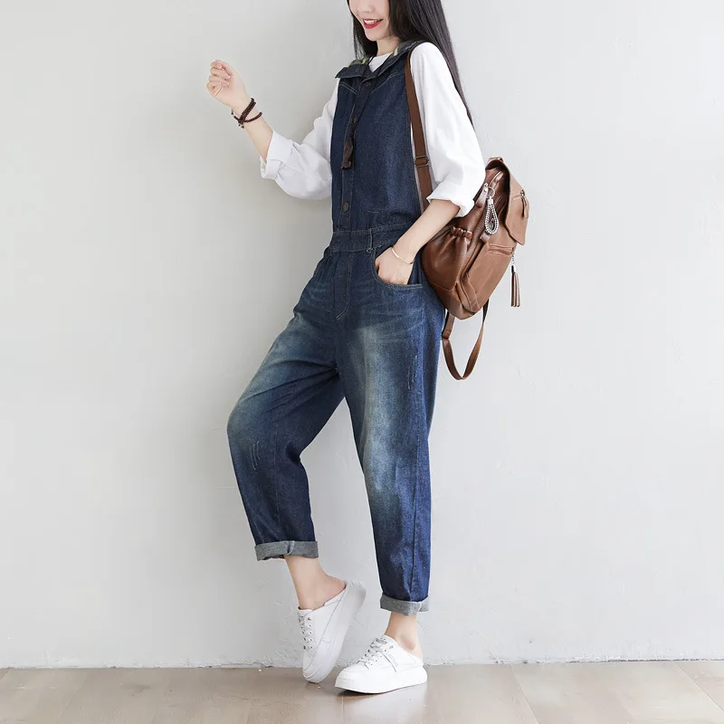 Female new autumn korean style retro washed with hooded one-piece waist adjustable loose denim overalls