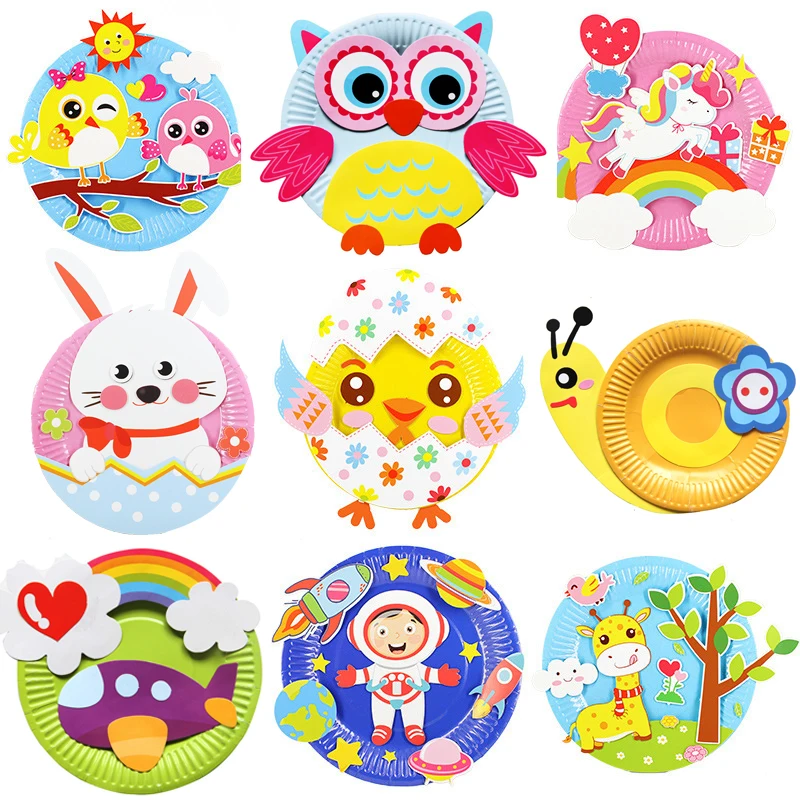 1/7/10Pcs Children 1/2/5 Paper Plate sets 3D DIY Handmade Toys 5 EVA Stickers  Material Kids Kindergarten Art Educational Toys