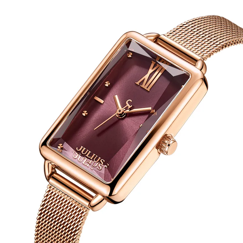 Julius Watch  JA-1215 Rectangle Watch Wine Red Women\'s Slim Watch Quartz Fashion Relojes Birthday Gift for Girlfriend