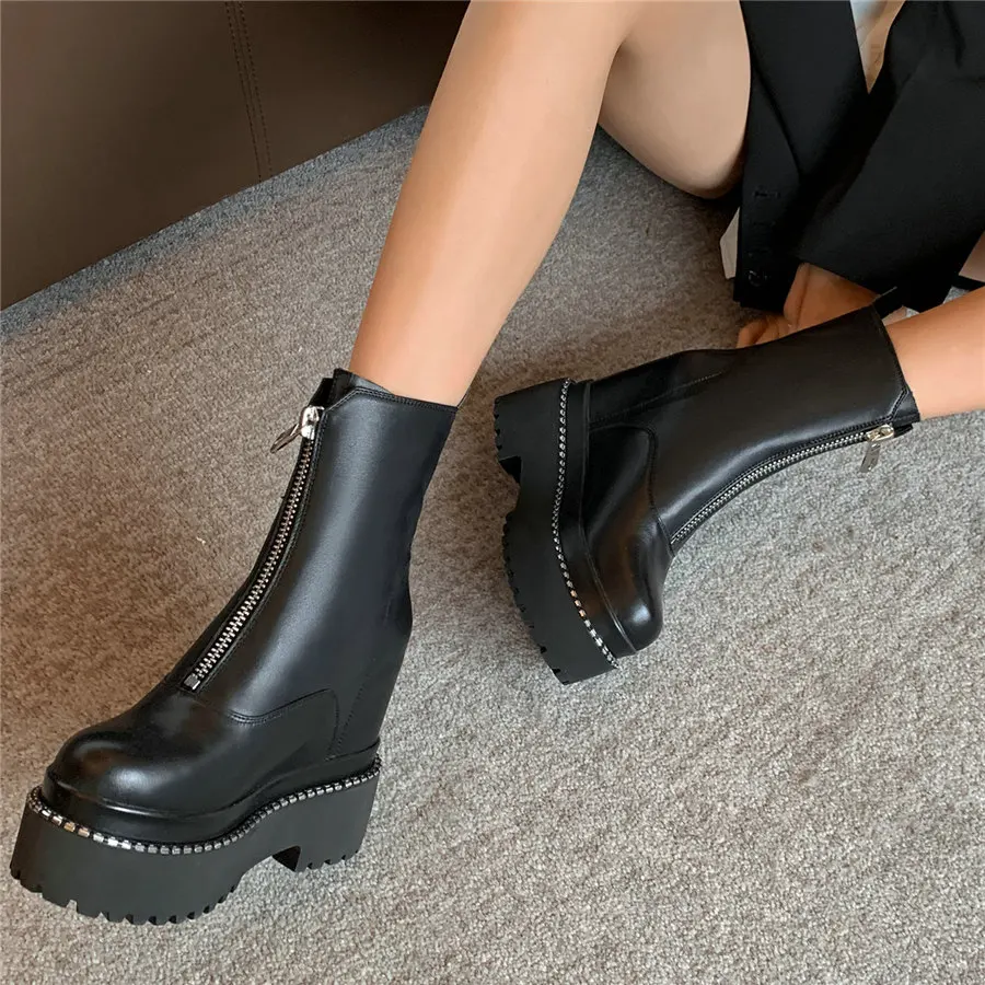 Punk Goth Trainers Women Genuine Leather Wedges High Heel Platform Pumps Shoes Female Round Toe Fashion Sneakers Casual Shoes