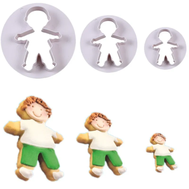 3 Pcs Little Boy Baby Cookie Cutter Plastic Biscuit Knife Baking Fruit Cake Kitchen Tools Mold Embossing Printing 