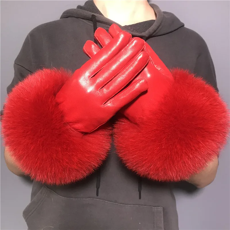 Jxwatcher Wholesale Fox Fur Gloves Winter Female Luxury Style Warm Sheepskin Genuine Leather Gloves Driving Thickening Mitten