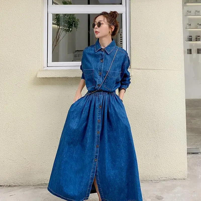 Lò Xo Dài Đầm Denim Nữ 2021 Thời Trang Mùa Thu Tay Dài Cổ Gập Slim Đầm Nữ Ngực Đơn Quần Áo Thông Thường