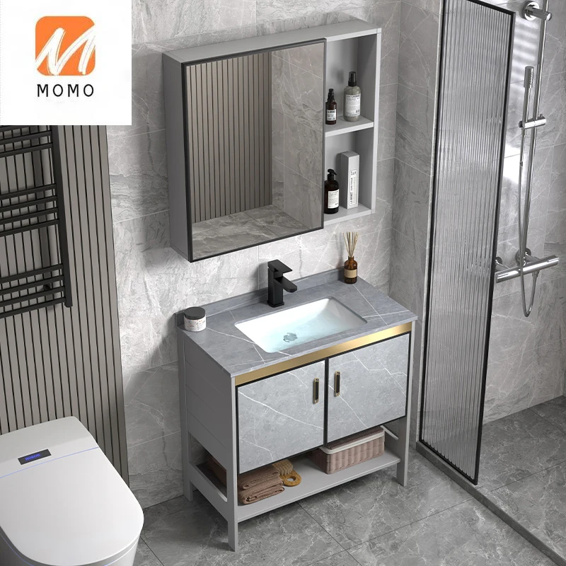 Floor Type Alumimum Bathroom Cabinet Combination Bathroom Stone Plate Integrated Face Washing Wash Basin Small Apartment