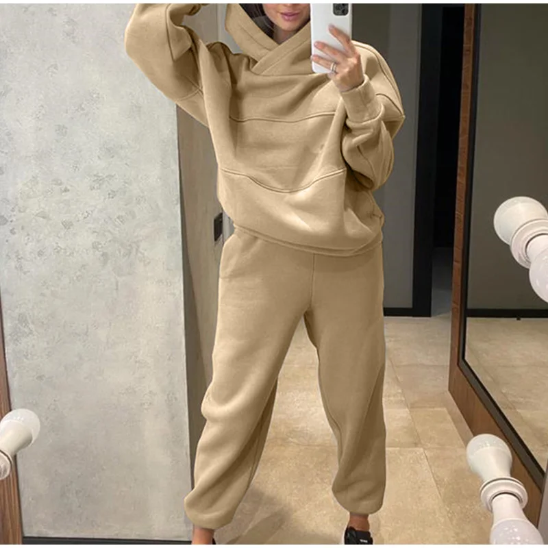Fleece Oversized Hooded Women\'s Tracksuit Two Piece Sets Long Sleeve Hoodie Joggers Female Suit 2022 Winter Lady Sportswear Set