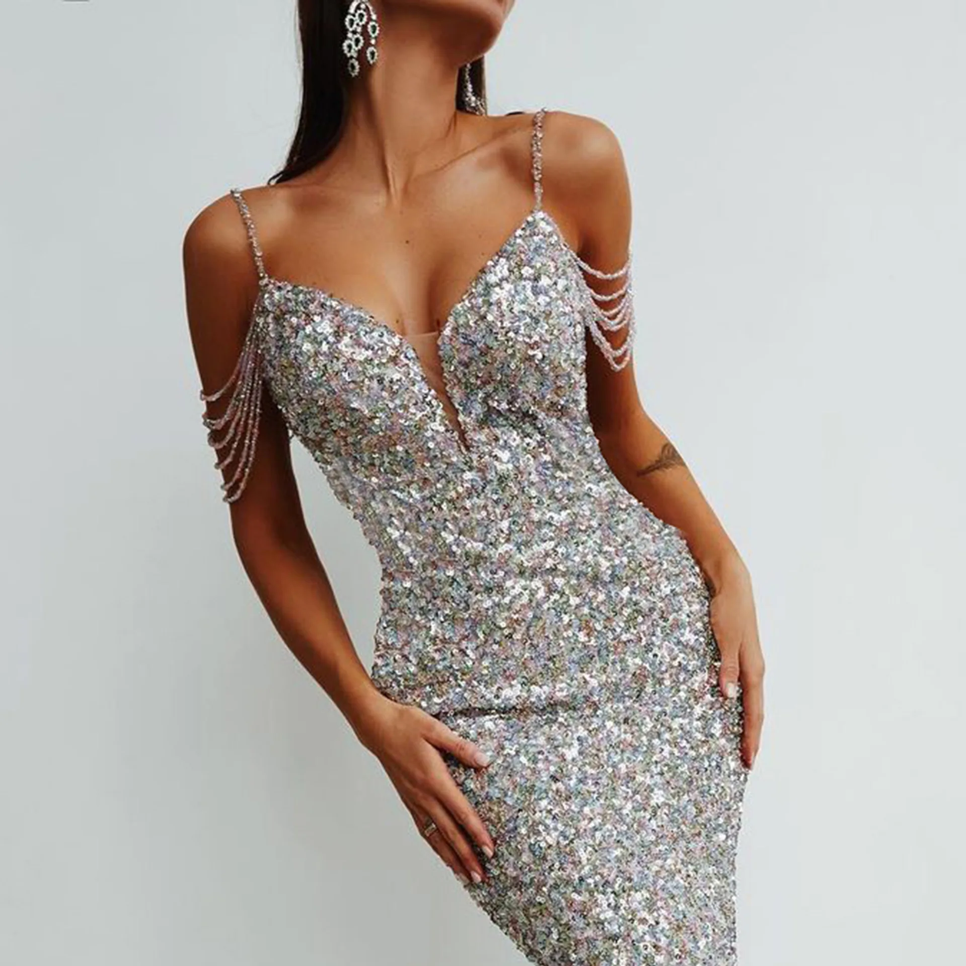 Sexy Evening Dresses Satin Beaded Sequins Tassel V-Neck Sleeve-less Back-less Mermaid Prom Dress Custom Made Robes De