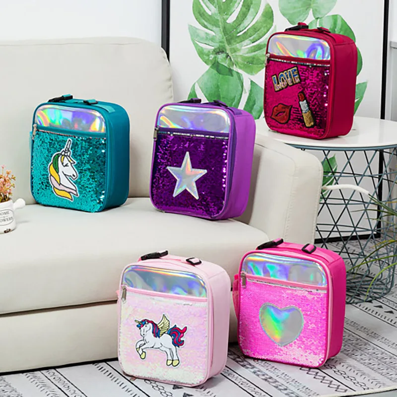 Large Capacity Cartoon Anime Student Sequin Kids Lunch Bag Portable Laser Stitching Thermal Insulation Picnic Lunch Box BagLB384