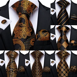 Corbata de traje para hombre, Floral de seda de 8cm para hombre, corbatas formales de seda color negro para fiesta, boda y negocios para hombre, mancuerna, conjunto de corbata de calidad, color dorado y negro, regalo