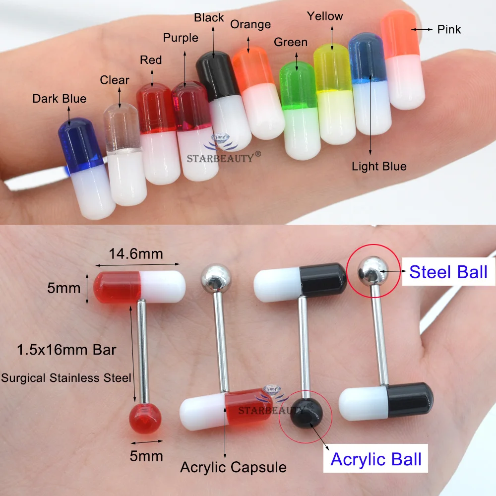 Starbeauty 3Pcs Red Acrylic Surgical Steel Ball Capsule Tongue Piercing Barbell 14G 16mm Bar Pill Tongue Rings Women Men Jewelry