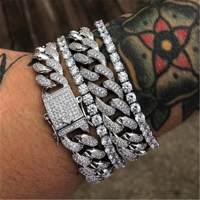 Iced Out Cuban Link Gold Color Chain on Hand Bracelet for Men Women HipHop Rapper Bling Homme Bracelet Punk Jewelry OHH019