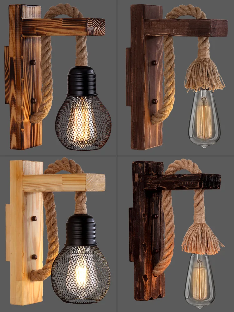 American LOFT industrial retro wooden LED corridor bedroom bedside lamp homestay aisle decoration hemp rope wall lamp