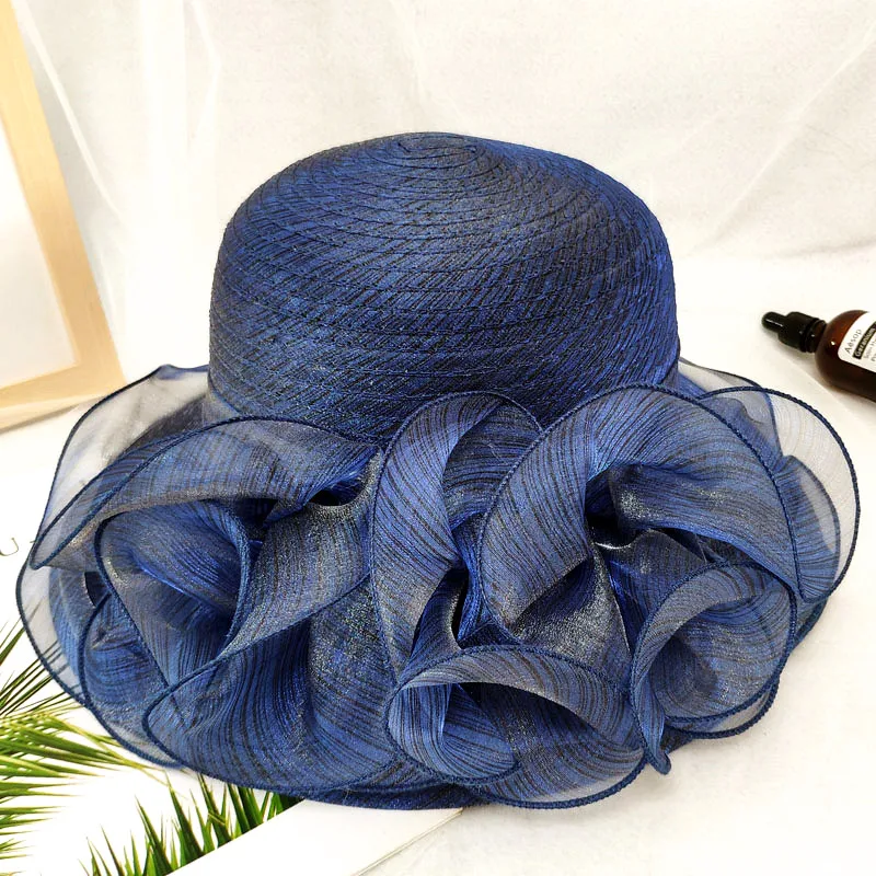 

Organza Sun Hats Women Flower Summer Wedding Caps Female Elegant Floral UV Church Hats 2021 New Fashion