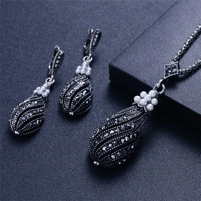 Vintage Elegant Silver Plated Black Zircon Crystal Geometric Pendant Necklace Drop Earring for Women Wedding Jewelry Sets