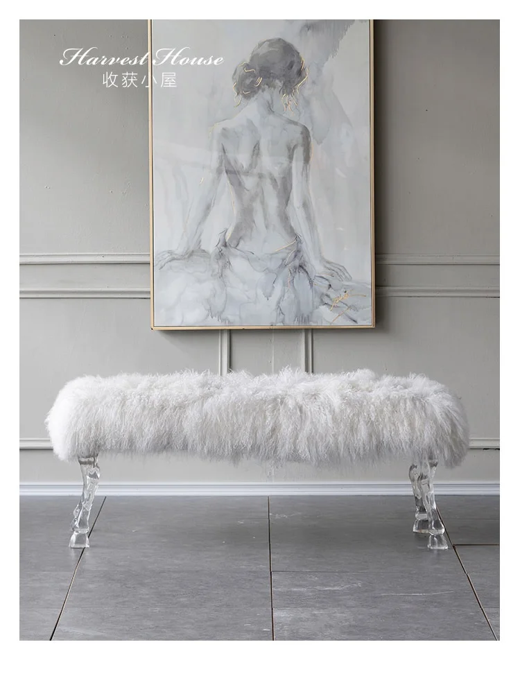 France Design Acrylic Bench with Cabriole Leg and Claw Foot / Long Stool with Wool Blanket