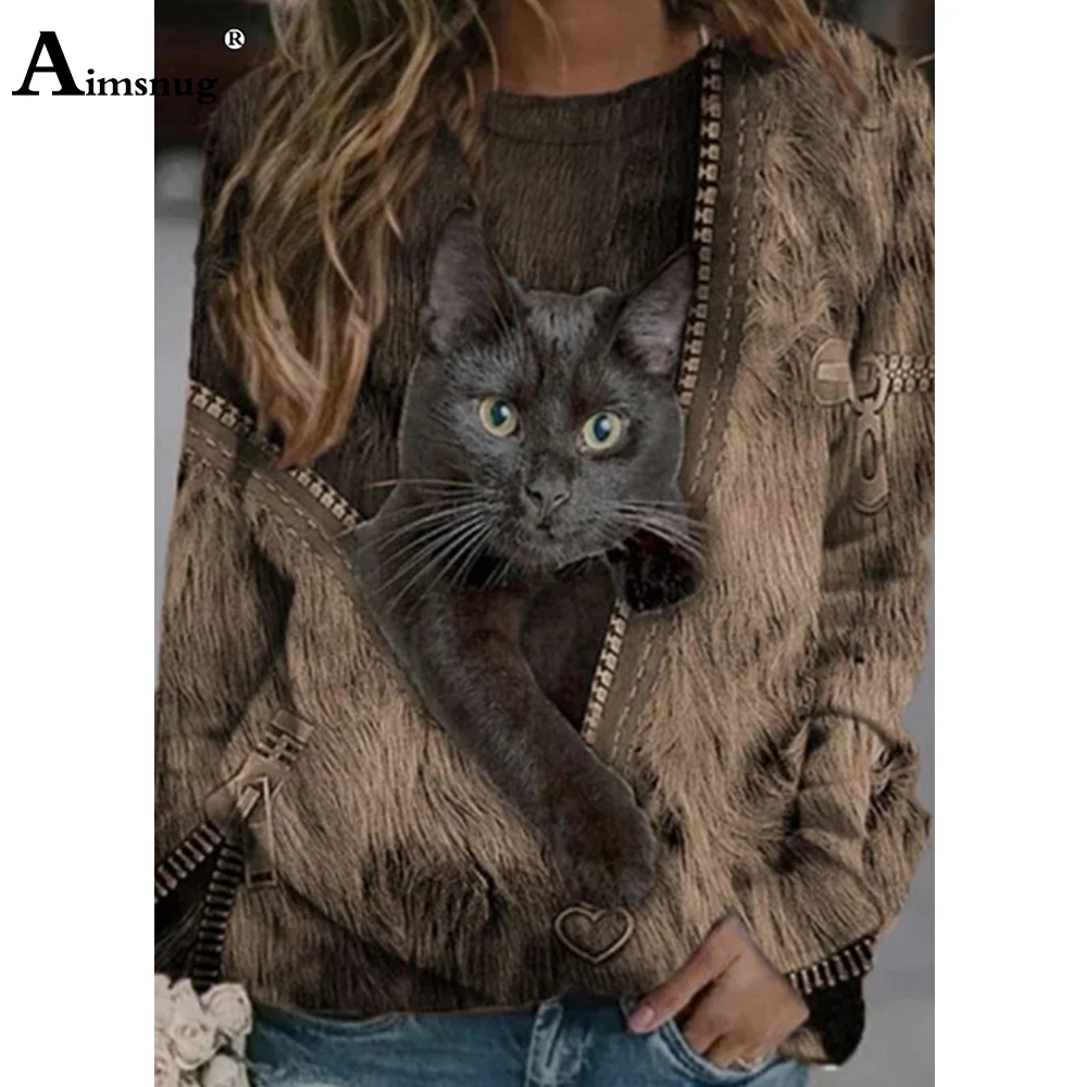 Ladies Elegant Fashion T-shirt Artistic Cats Print Tops Women Tees Clothing 2021 New Autumn Loose Tshirt Femme