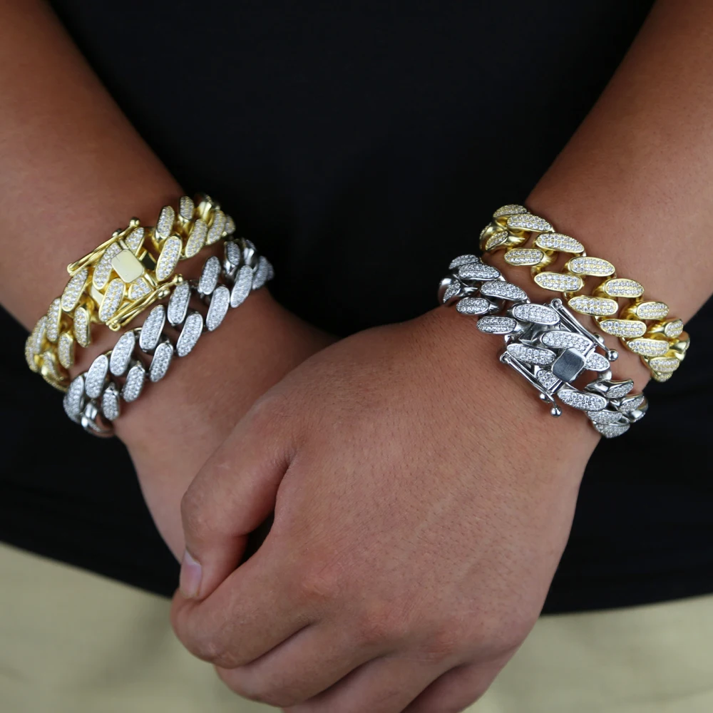 2025 Women Men\'s Chunky Iced Out Bling Hiphop Sparking Pave 5A Cubic Zirconia 18mm Width Miami Cuban Link Chain CZ Bracelet