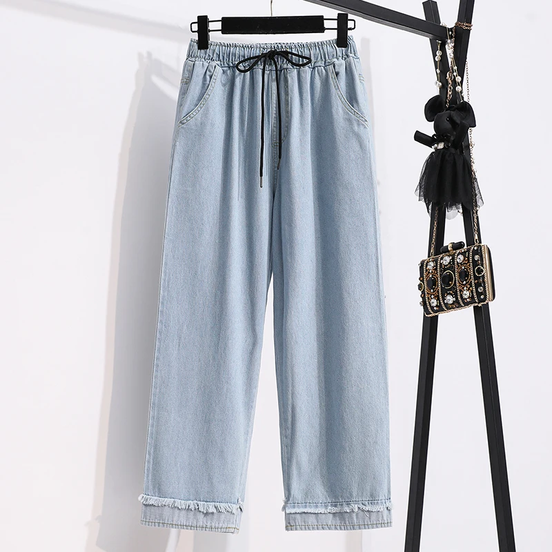 S-5XL Women\'s Wide Leg Denim Pants Elastic Waist Casual Loose Jeans Spring Summer Straight Jeans Female Straight Trousers