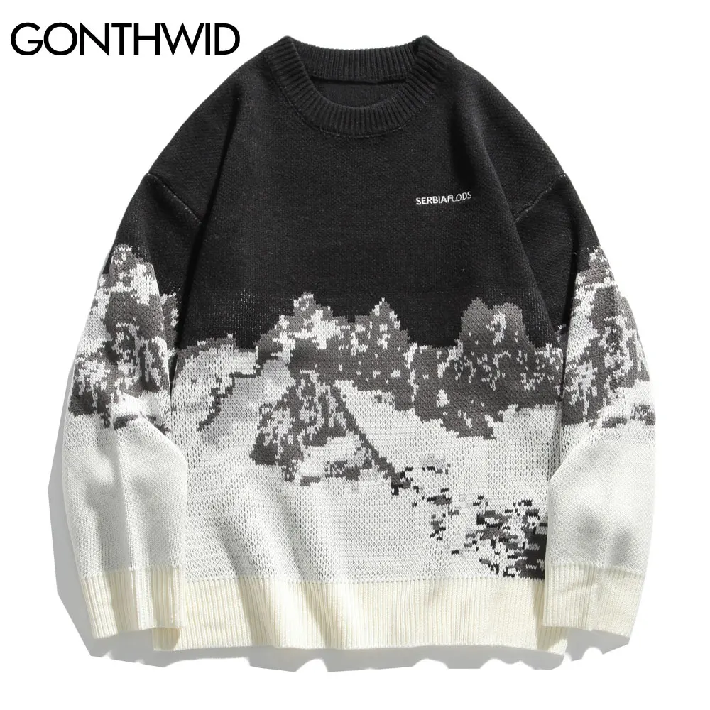 GONTHWID Snow Mountain Knitted Jumper Sweaters Streetwear Mens Hip Hop Harajuku Pullover Knitwear Tops Fashion Outwear Male