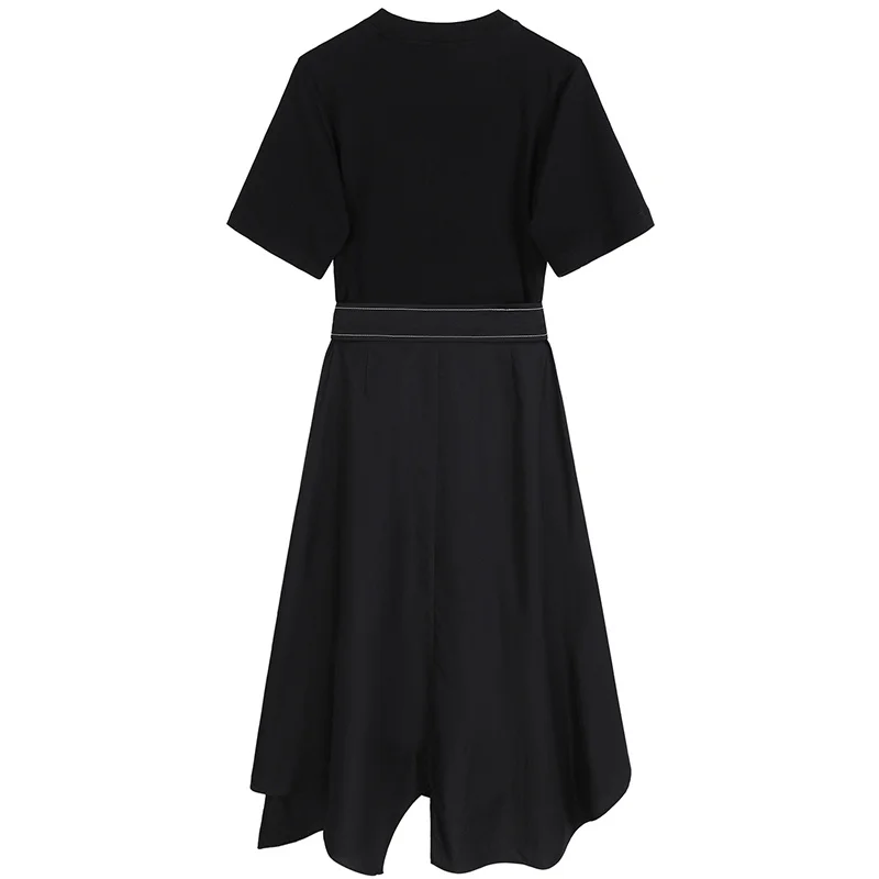 New Summer Korean Style Fashion Womens Dress Office Lady O-Neck Bow Spliced Irregular Adjustable Waist Elegant Pullover Dress