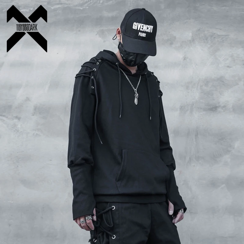 

Techwear Harajuku Hoodie and Sweatshirt Men Drawstring Design Cotton Pullover Hip Hop Streetwear Black Clothing Tops WB258