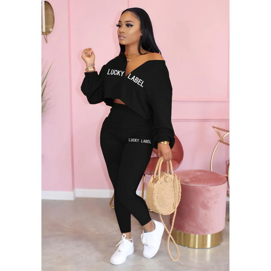 2021 jesienne ubrania dla kobiet nadruk w litery Casual w pasie Loungewear moda damska New Arrival z długim rękawem dwuczęściowy zestaw