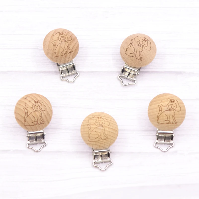 5pcs 30mm Laser Patern Metal Steel Round Beech Wood Clips Baby Teethers Toys Pacifier Chain Holder Making