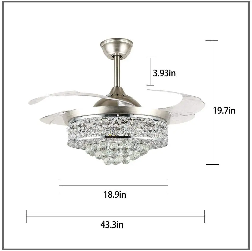 Crystal Ceiling Fans with Lights, Modern Chandelier Lighting Fans Invisible Retractable Blade, 3 Color Change