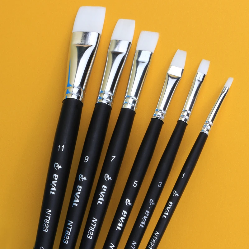 6 pcs Black short rod White Nylon hair flat head paint brush gouache watercolor acrylic oil painting set art tools supplies