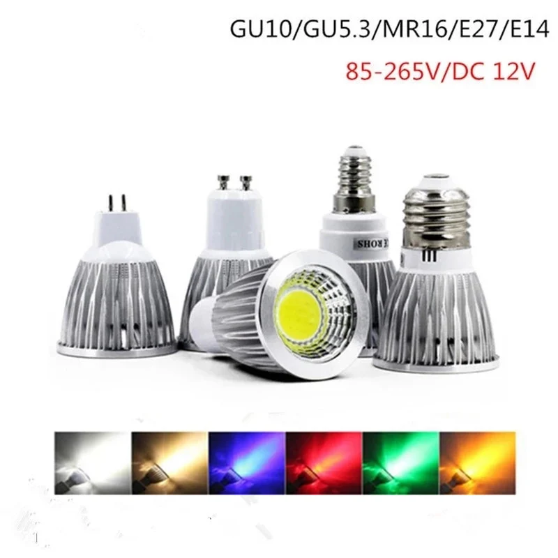 LED Light 6W 9W 12W COB GU5.3 GU10 E27 E14 Dimming Sportlight Lamp High Power Bulb Red Green Blue Yellow AC110V/220V AC/DC12V