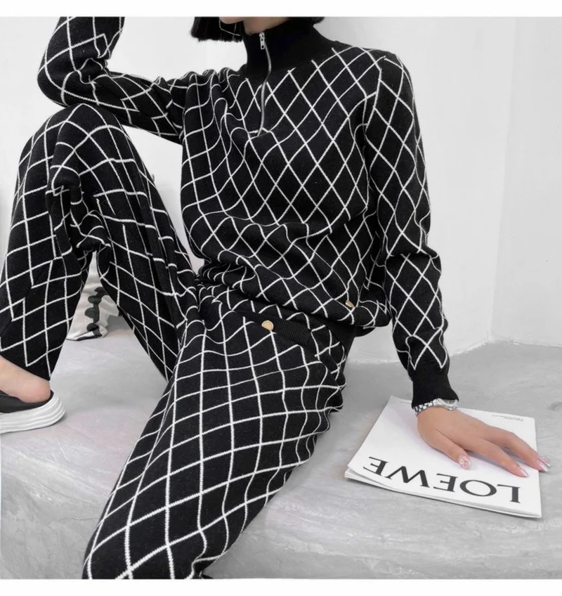 Autumn Winter Knit Pant Two Piece Set Women Rhombus Grid Knitted Zipper Black Sweater Tops + Wide Leg Pants Suit Trousers Sets