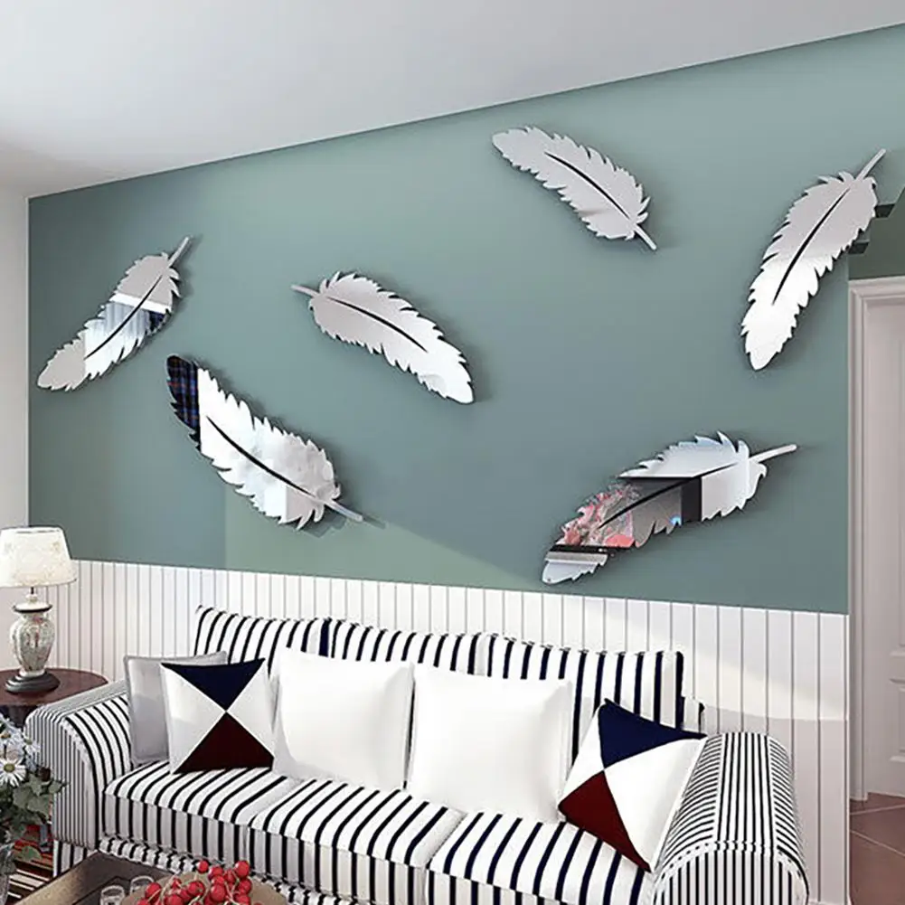 HOT SALES！！8Pcs/Set Feather Shape Mirror DIY Decorative Wall Sticker Living Room Home Decor Wholesale Dropshipping